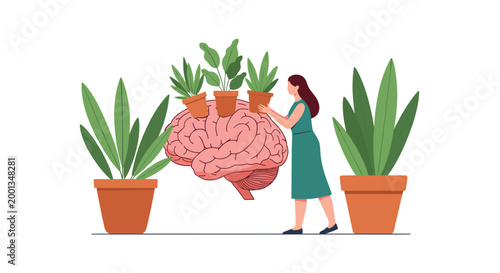 Young woman carefully places small potted plants onto the surface of a giant human brain model to symbolize mental growth and psychological wellness.