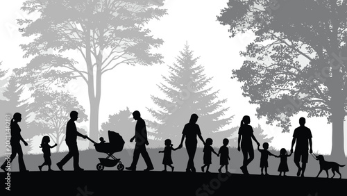 Black silhouettes of people walking in park, family with stroller and dog, outdoor activity with trees, misty forest background, vector landscape.
