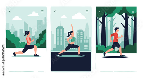 Series of vertical panels depicts diverse individuals engaged in various physical activities including lunges, yoga stretches, and running outdoors.