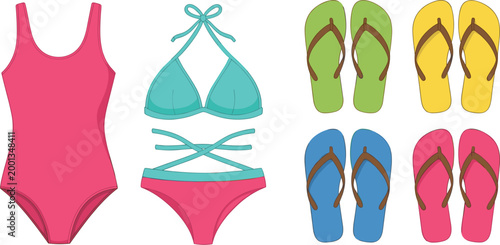 Summer beachwear collection with colorful swimsuits bikini set and flip flops isolated on white background fashion vector illustration