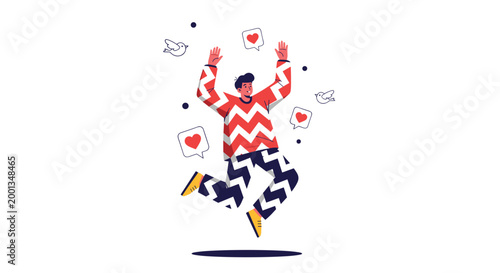 Energetic man jumps with joy while surrounded by floating heart speech bubbles and white birds representing happiness and positive social feedback.