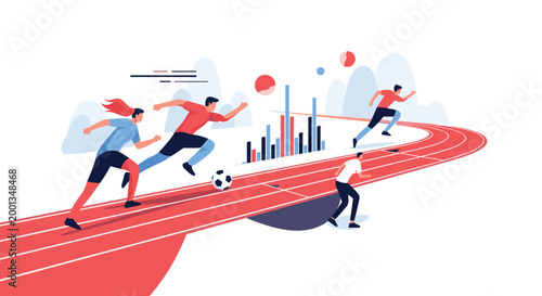 Group of athletes compete on a red running track while a soccer ball and colorful data bars represent sports statistics and performance analytics.