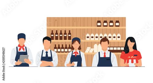 Group of professional restaurant and cafe staff members in various uniforms stands together in front of wooden shelves stocked with bottles and jars.