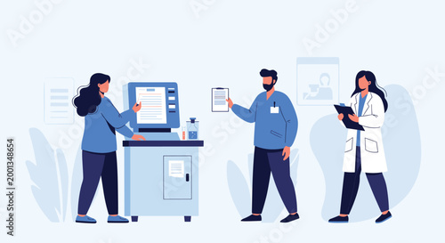 Professional medical laboratory team of scientists and doctors works with advanced equipment and documents in a clean and clinical medical facility.