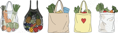 Reusable grocery bags with fresh vegetables and fruits eco friendly shopping zero waste lifestyle sustainable vector illustration set