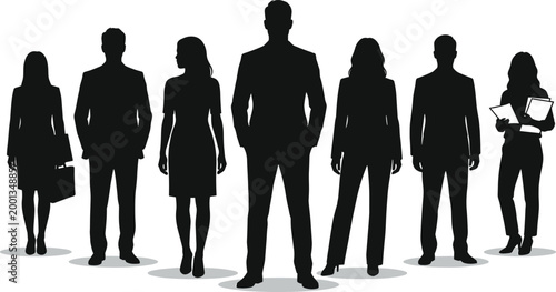 Business team silhouettes standing together men and women professionals isolated black vector corporate group illustration