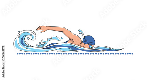 Professional athlete performs a powerful swim stroke through blue ocean waves with splashes of water shown in a dynamic and energetic illustration.