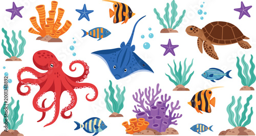 Colorful underwater marine life illustration featuring octopus turtle fish coral reef starfish seaweed and tropical ocean animals vector design