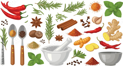 Spices and herbs collection with chili garlic ginger cinnamon basil and mortar isolated colorful vector illustration for cooking ingredients set