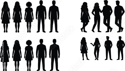 People silhouettes set men and women standing and interacting isolated black vector human figures collection