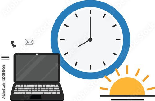 Vector illustration of a morning work routine concept featuring a laptop, large wall clock, communication icons, and a rising sun. Represents early work hours and daily schedule planning.