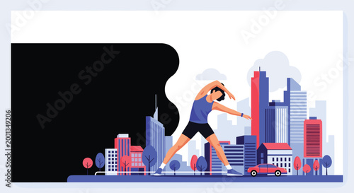 Active person in fitness gear performs stretches on a sidewalk with a vibrant city skyline of skyscrapers and colorful urban buildings in the background.