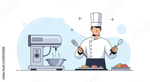 Professional chef in uniform holding kitchen tools while standing next to a modern silver stand mixer preparing gourmet food dishes.