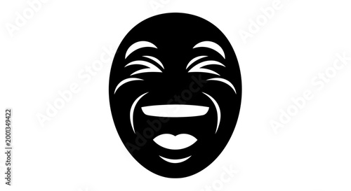 A black and white image of a comedy mask