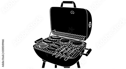 A black and white drawing of a grill with food on it