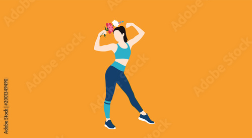 Strong and fit woman in athletic wear flexing her biceps while holding flowers against a solid bright orange background.