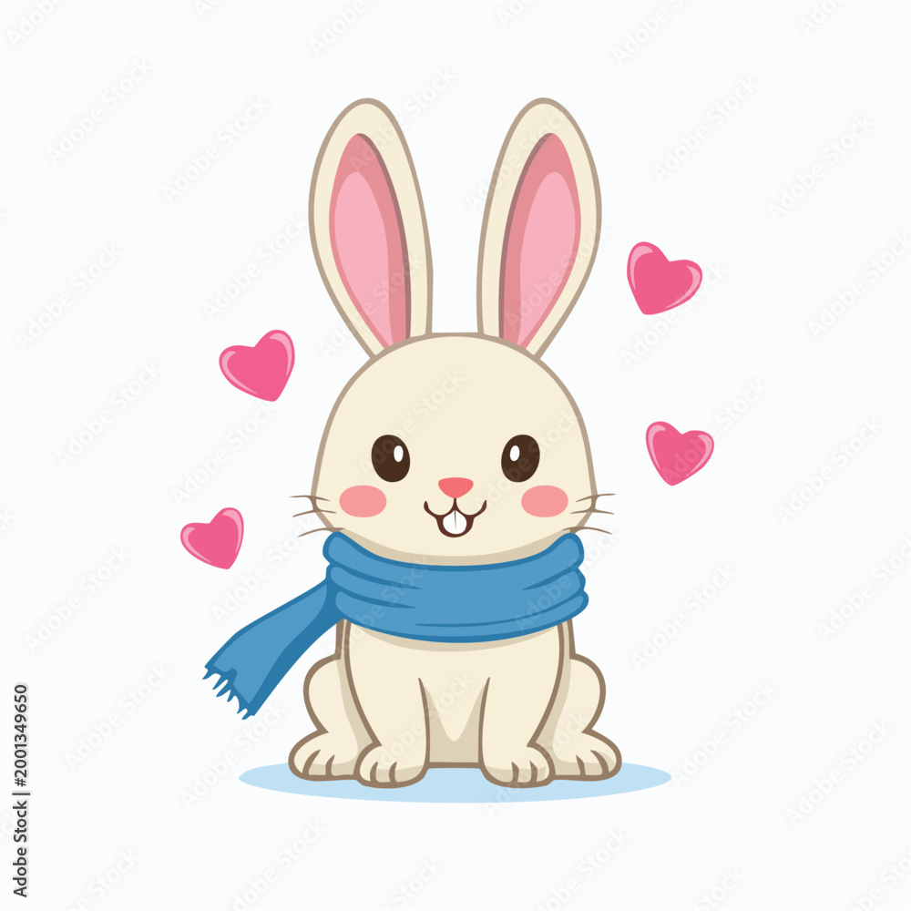 Obraz premium Cute Cartoon Rabbit Wearing a Blue Scarf with Hearts