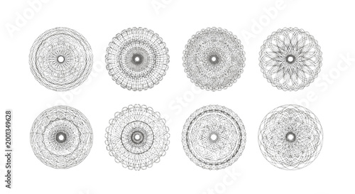Set of eight intricate black and white mandala patterns with delicate geometric details for meditation and artistic projects.