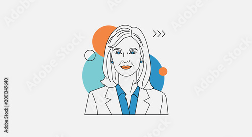Professional woman with blonde hair wearing a white lab coat or suit against a background of colorful abstract shapes.