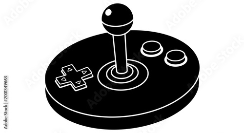 A black and white drawing of a classic arcade game controller