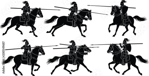 Medieval knights on horseback silhouette set, jousting cavalry with lances in combat, historical warrior charging on horse, black vector icons, war.