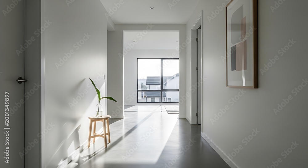 Fototapeta premium Minimalist hallway interior features a sunlight filled corridor space.