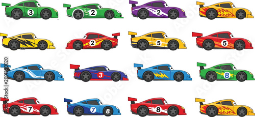 Colorful Racing Car Vector Set with Different Numbers, Speed Cars, Sports Cars, and Motorsport Design Elements