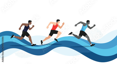 Three male athletes running fast in a competition over dynamic blue waves representing speed and forward movement.