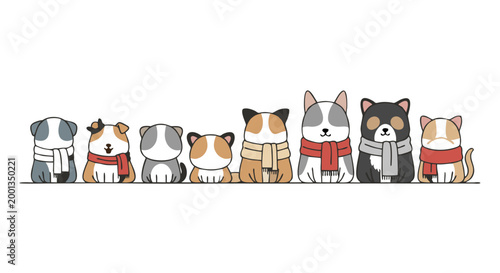 Canine Companions: A charming collection of cartoon dogs, each adorned with cozy scarves, stand side-by-side, radiating warmth and friendship.