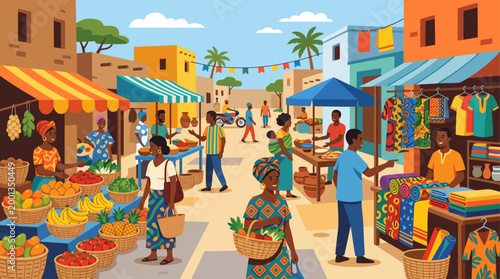African Street Market Daily Life Flat Vector Illustration