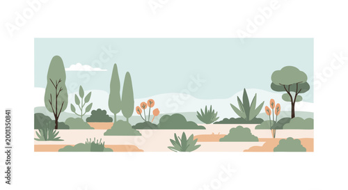 Botanical Harmony: A serene landscape, portraying various plant species with a blend of colors and shapes, under the soft touch of nature's brush, a place where tranquility finds its voice.