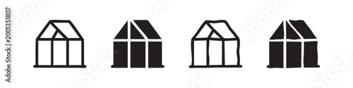 Greenhouse icons: outline, solid, outline with detail, and rough solid.