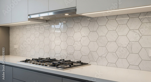 Modern kitchen backsplash with hexagonal marble tiles and stainless steel range hood clean contemporary design for home renovation and interior decor