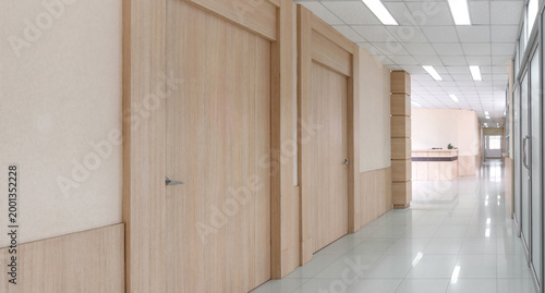 Corridor between different room in hospital. Medical operating room and patient sample storage room.