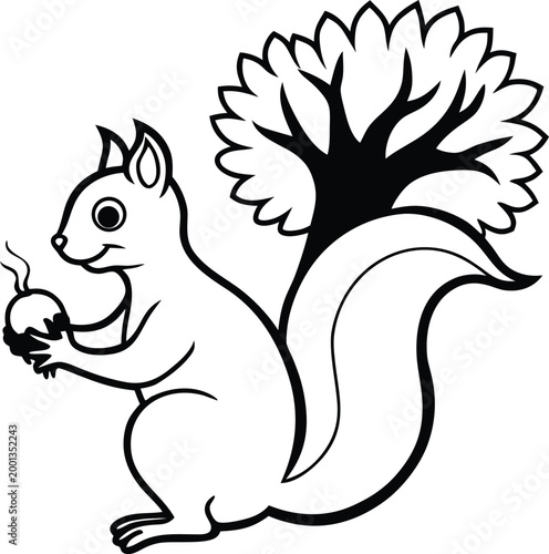 Black and white line drawing of a squirrel holding an acorn near a tree
