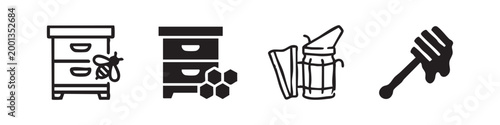 Beekeeping icons: hive, honeycomb, smoker, honey dipper.