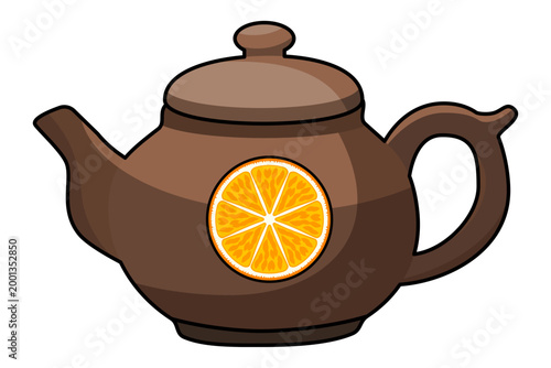Brown teapot featuring orange slice decoration. Illustration of fruit flavored tea pot design. Citrus infusion beverage concept for refreshing drinks and kitchen themes