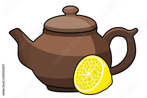 Brown teapot next to yellow lemon slice. Lemon tea infusion concept. Refreshing fruit beverage for herbal drink and afternoon relaxation