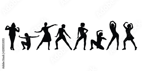 Black silhouettes of women in various dance poses