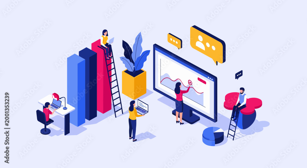 Fototapeta premium Isometric business team analyzing social media data and marketing strategy on a digital dashboard monitor