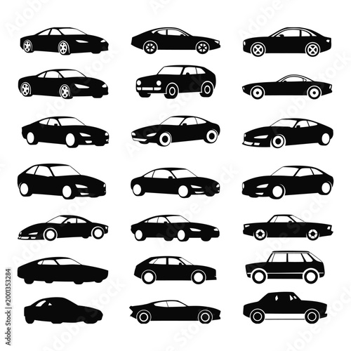 Collection of black car silhouettes on white background