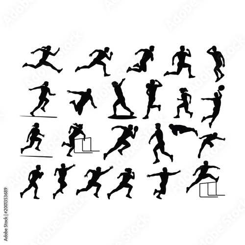 Collection of black silhouettes of athletes in motion