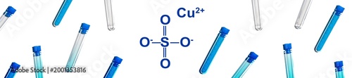 Copper(II) sulfate in test tube with molecular structure. Chemical ingredient used in medical and public health issues.