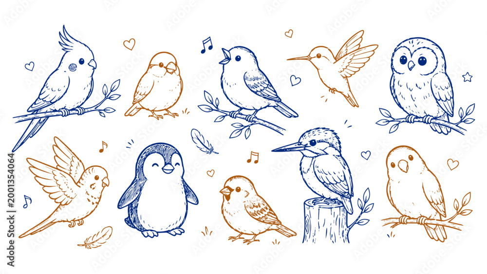 Fototapeta premium Hand drawn set of various cute birds in doodle style.