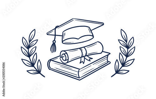 Graduation Cap and Diploma on Book with Laurel Wreaths.