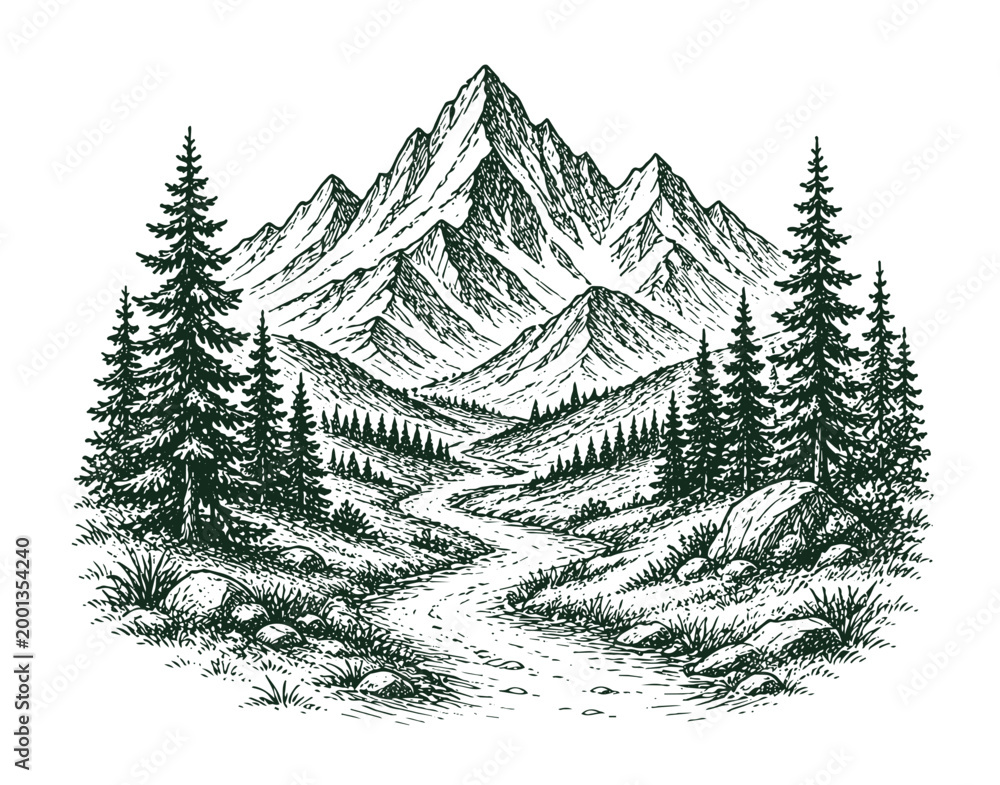 Fototapeta premium Majestic Mountain Landscape with Winding Path and Pine Trees Hand Drawn Sketch.
