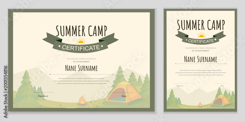 Tableau sur toile Summer camp certificate template with an illustration of a tent, mountains, and forest