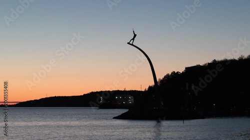 Stockholm, Sweden The God our Father on the Rainbow statue in the Nacka Strand district by Carl Milles from 1995. 