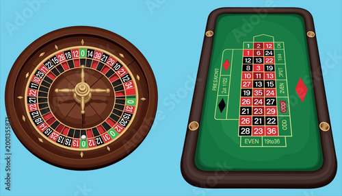 Roulette Wheel and Casino Table, Cartoon Gambling Game with Roulette and Poker Chips IllustrationRoulette Wheel and Casino Table, Cartoon Gambling Game with Roulette and Poker Chips Illustration