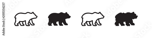 Bear Silhouette and Outline Icon Set. Wild Animal Nature and Forest Symbols.